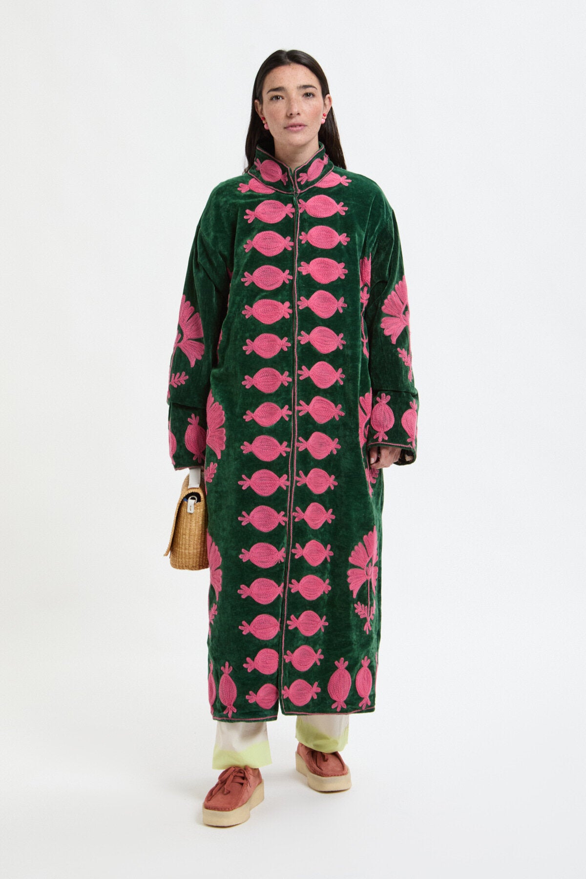Toutvintage Giacca lunga in velluto ricamato Dark green pink