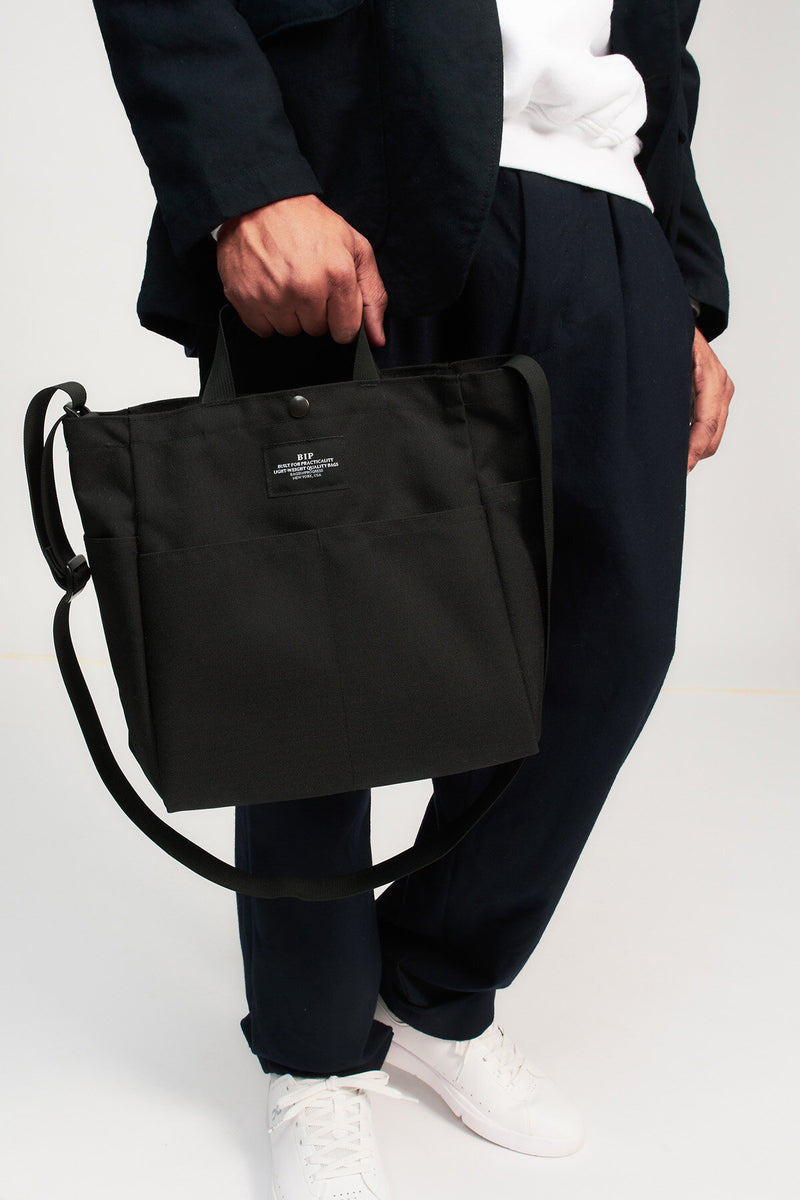 Borsa Media Multi-Tasche in Canvas di Nylon Nero