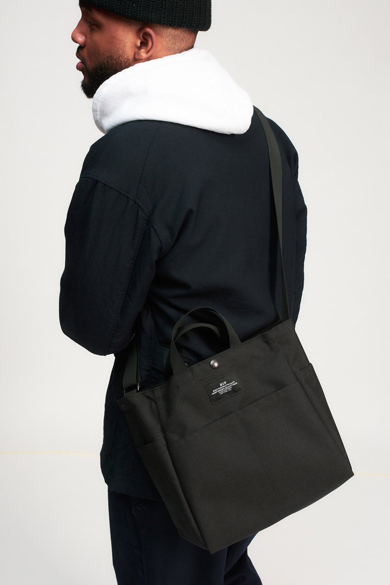 Borsa Media Multi-Tasche in Canvas di Nylon Nero