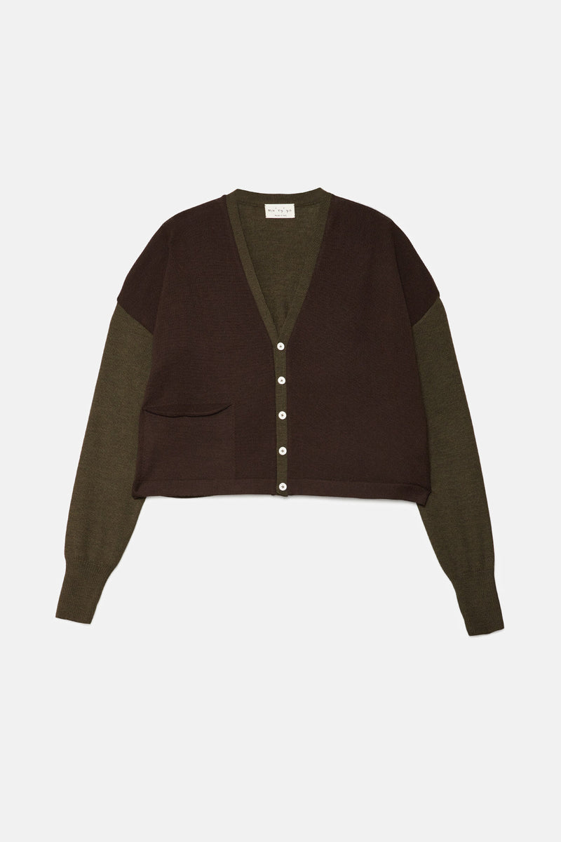 Two-tone green and brown merino wool cardigan
