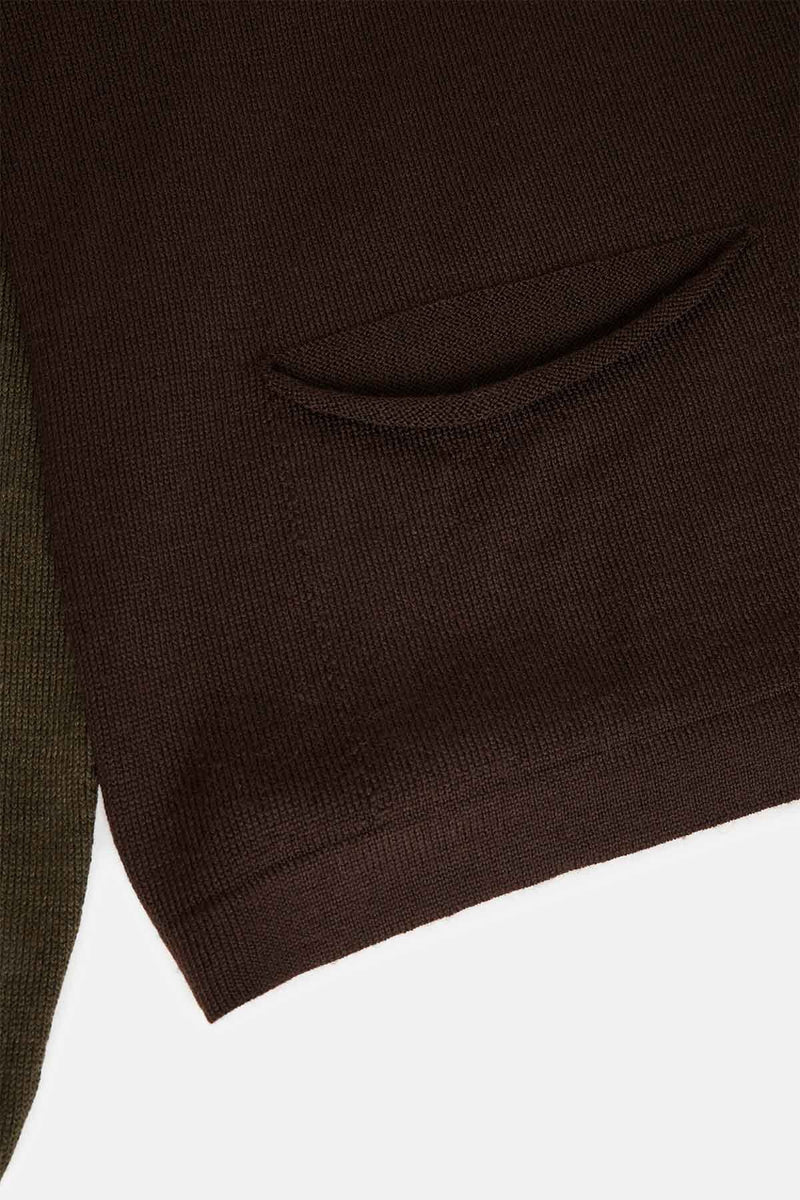 Two-tone green and brown merino wool cardigan