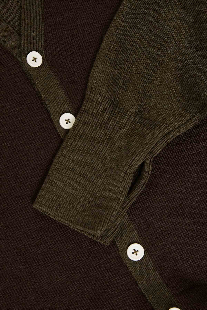 Two-tone green and brown merino wool cardigan