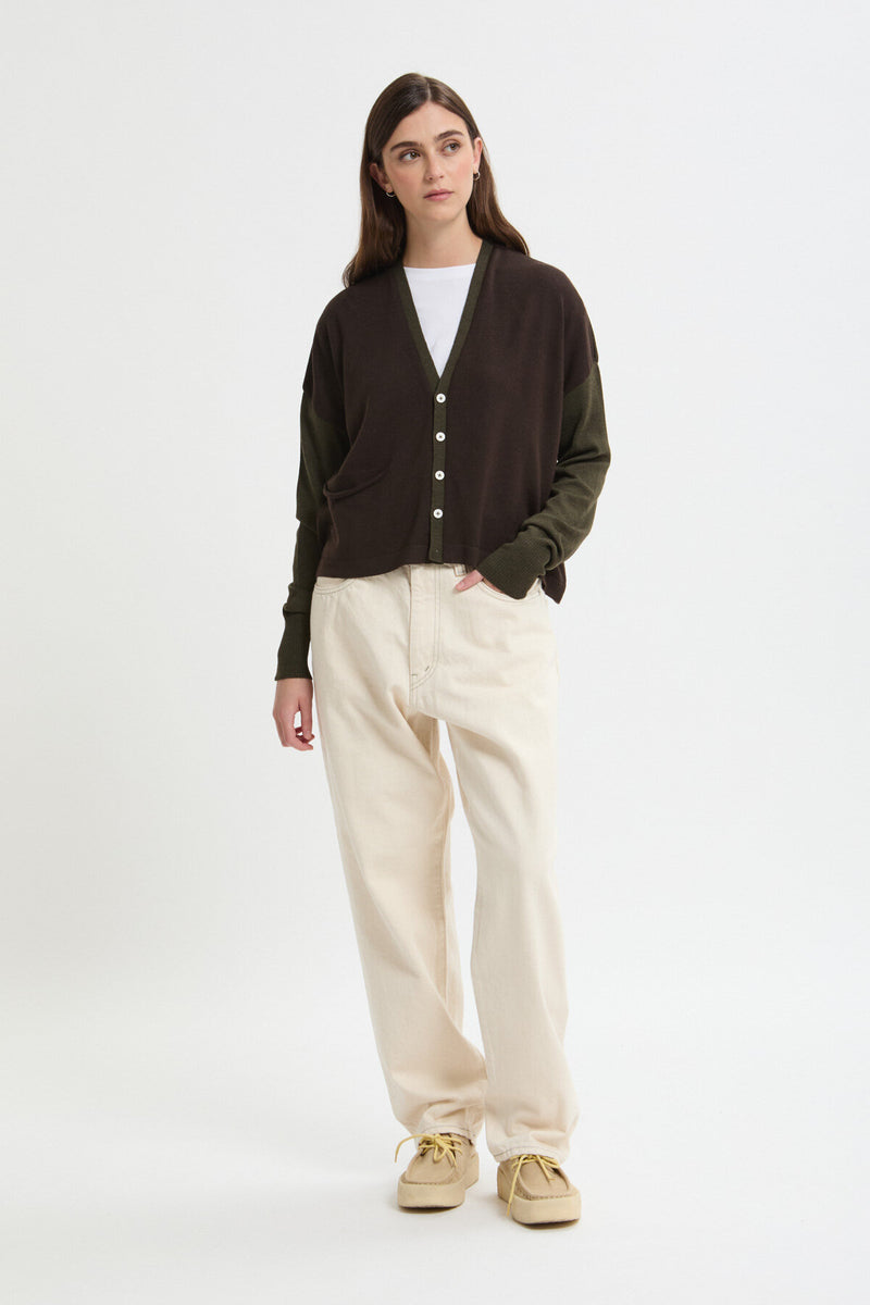 Two-tone green and brown merino wool cardigan