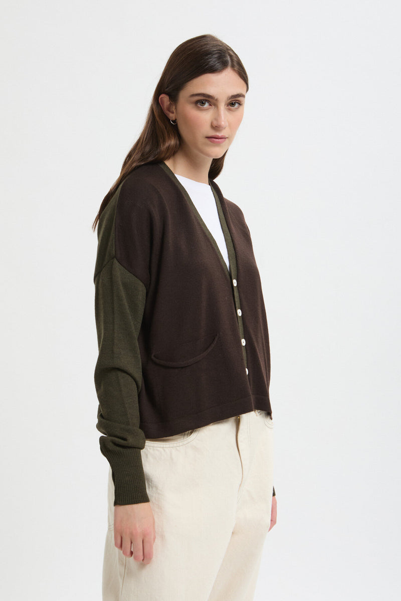 Two-tone green and brown merino wool cardigan