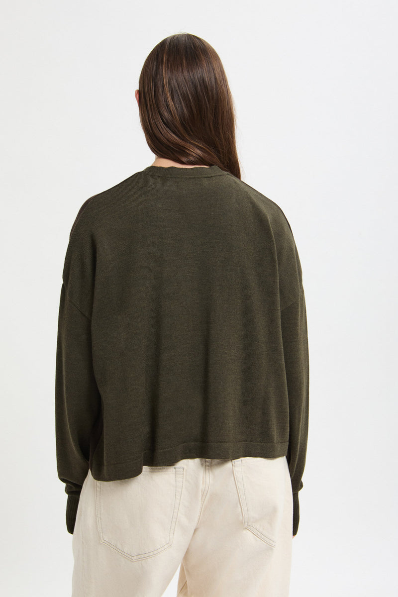 Two-tone green and brown merino wool cardigan