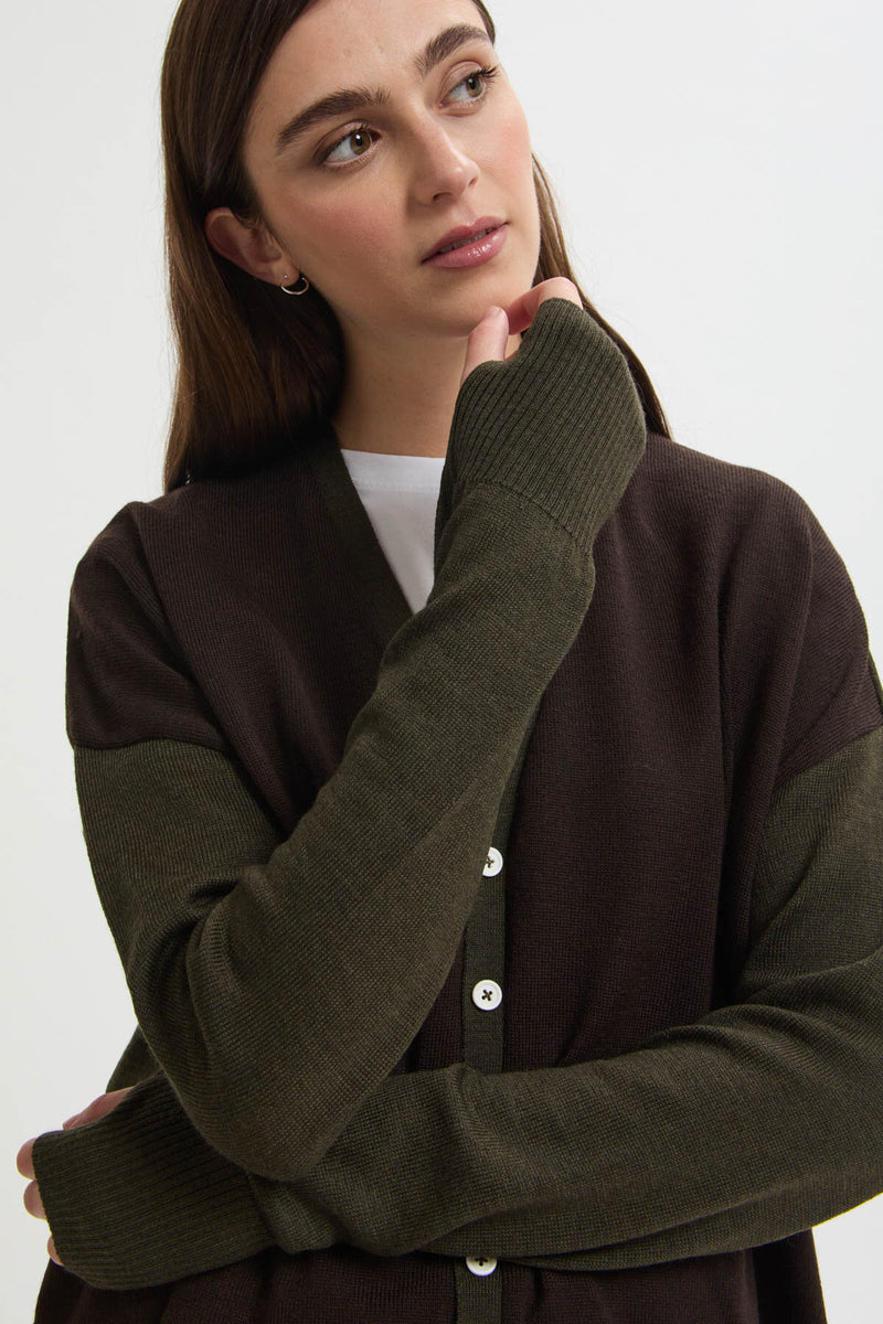 Two-tone green and brown merino wool cardigan