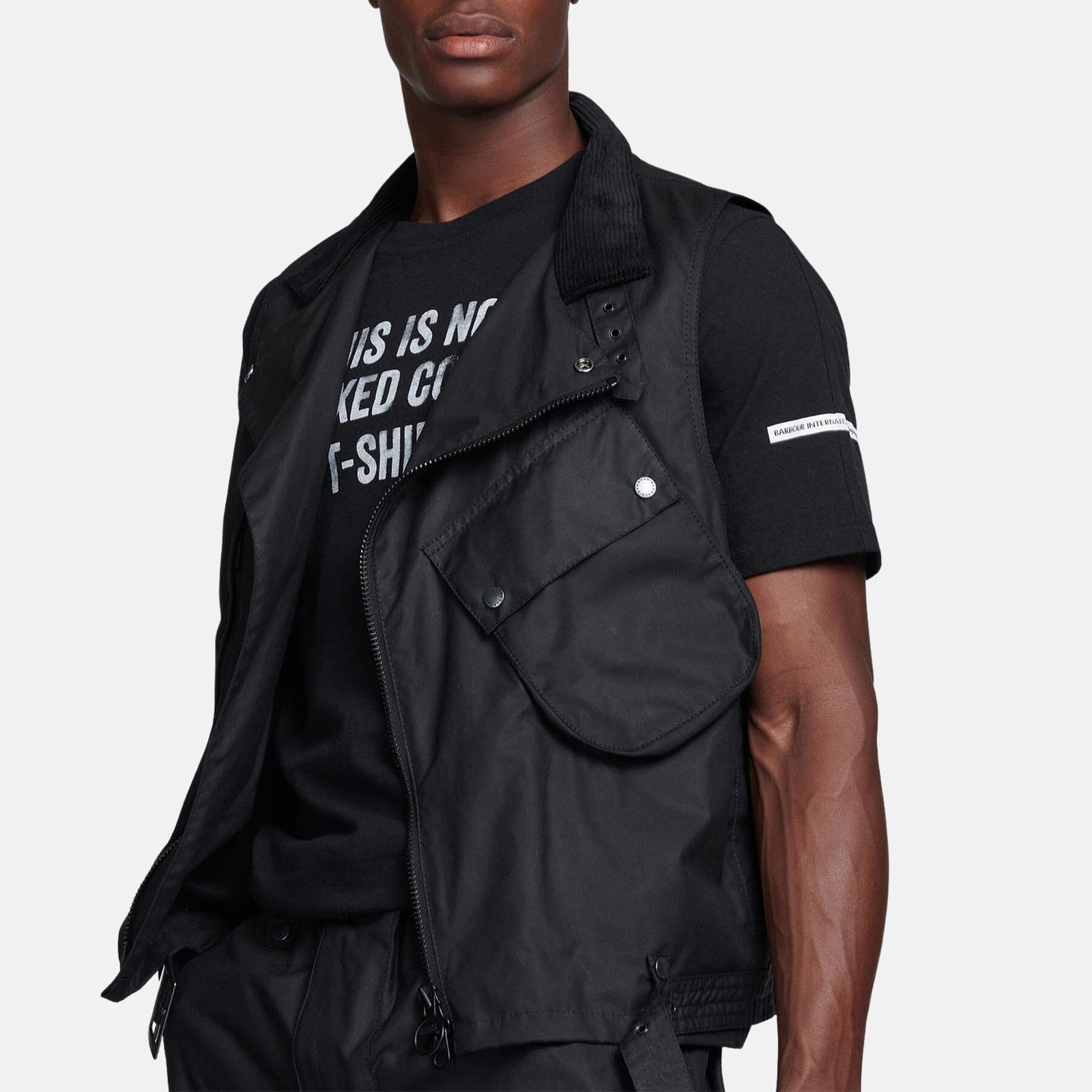 B.Intl X Engineered Garments Waxed Gilet Black by Barbour